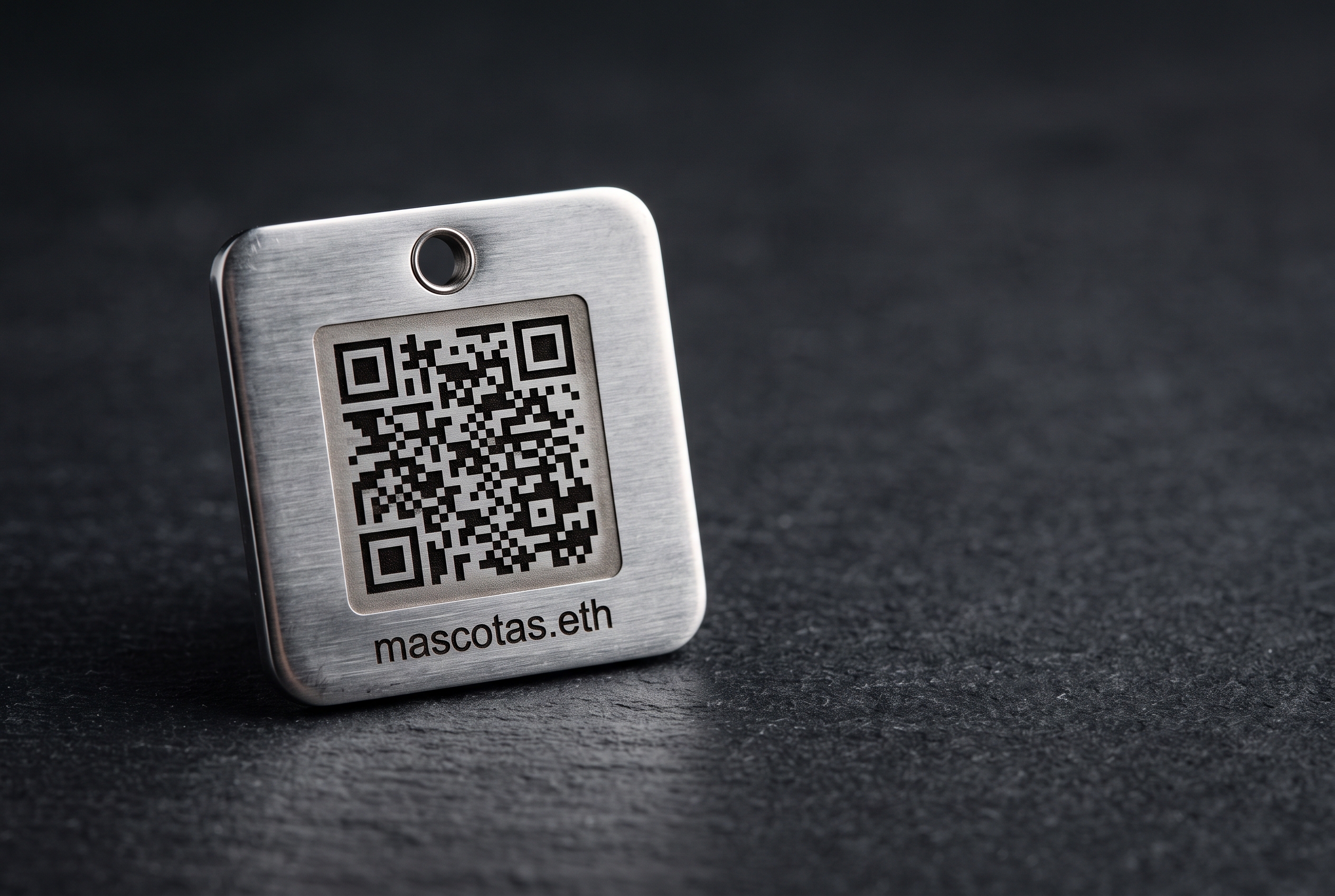 Chapa cuadrada de metal con código QR de Mascotas.eth